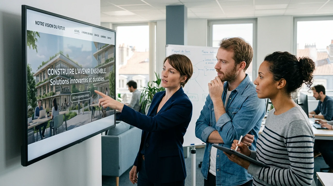 Équipe européenne analysant la structure d'une vitrine numérique d'entreprise