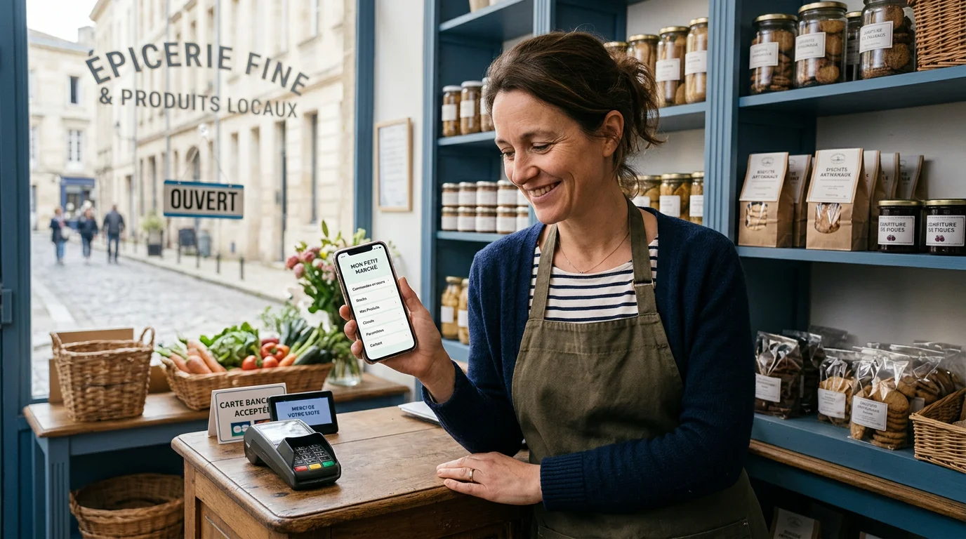 Commerçant européen consultant un site web mobile optimisé