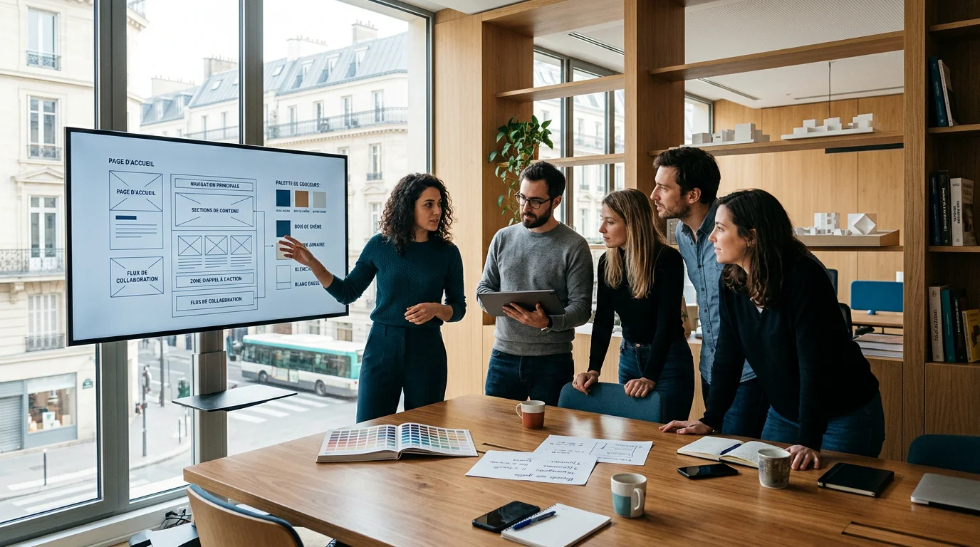 Équipe européenne concevant des maquettes de site web dans un bureau lumineux