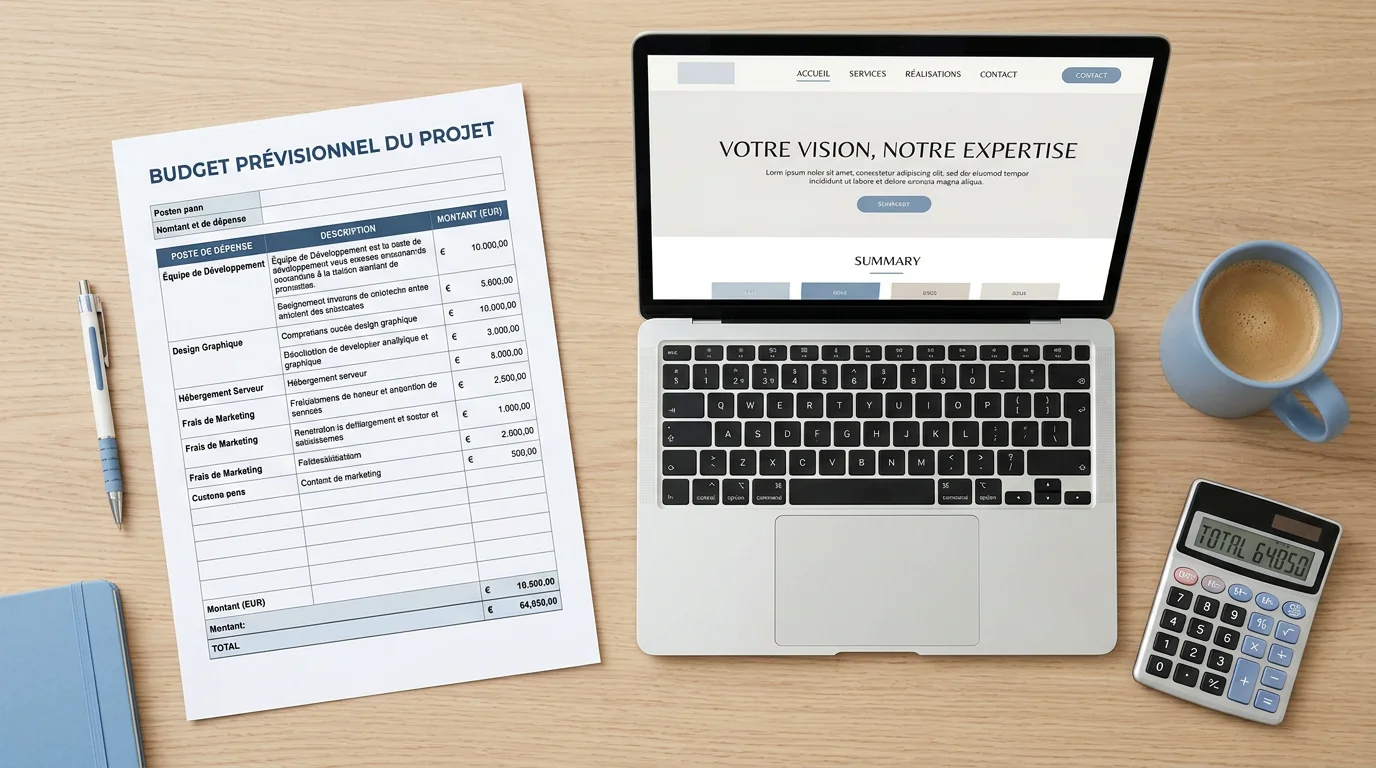 Bureau avec devis de projet web, ordinateur portable et calculatrice
