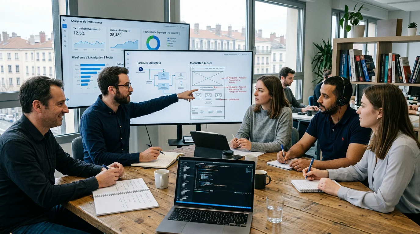 Équipe européenne d'une agence de développement web travaillant sur des maquettes de site