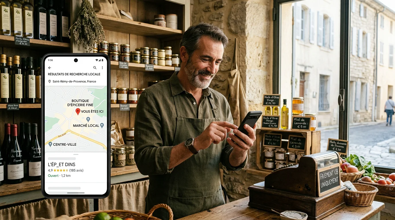 Commerçant européen consultant une recherche locale sur son smartphone