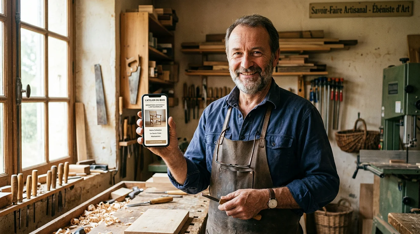 Artisan européen consultant son site web responsive sur smartphone dans son atelier