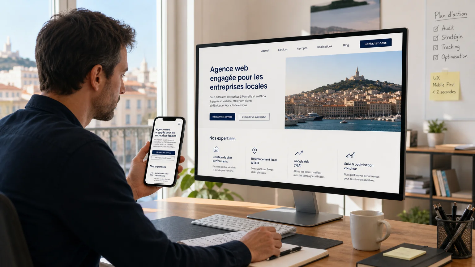 Conception d'un site web responsive sur ordinateur et smartphone dans un bureau lumineux