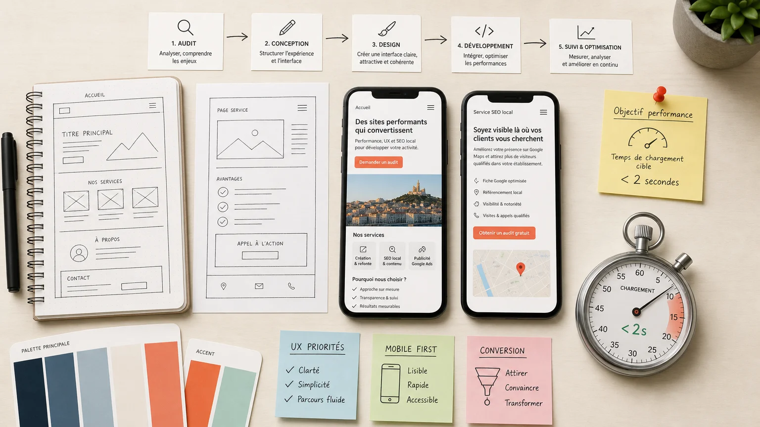 Éléments de conception UX avec wireframes, palette de couleurs et chronomètre de performance