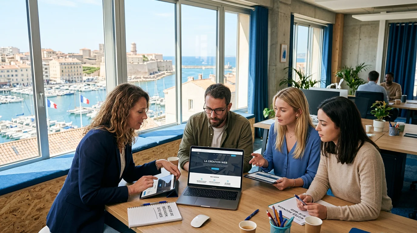 Équipe d'une agence web analysant la maquette responsive d'un site internet