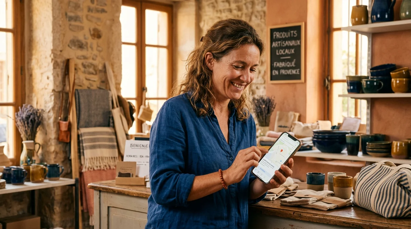 Commerçant consultant une recherche locale sur son smartphone dans sa boutique