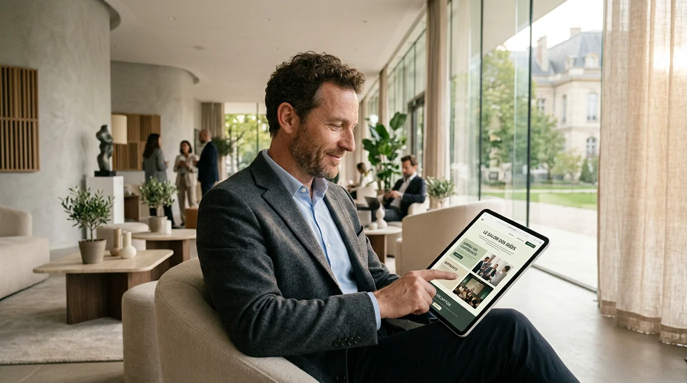 Personne consultant le site web d'un espace événementiel sur une tablette dans une salle moderne