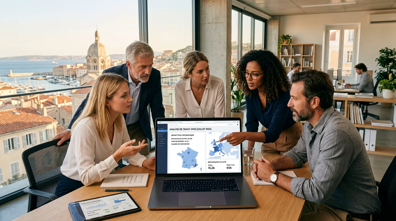 Équipe d'une agence digitale en PACA analysant des performances web
