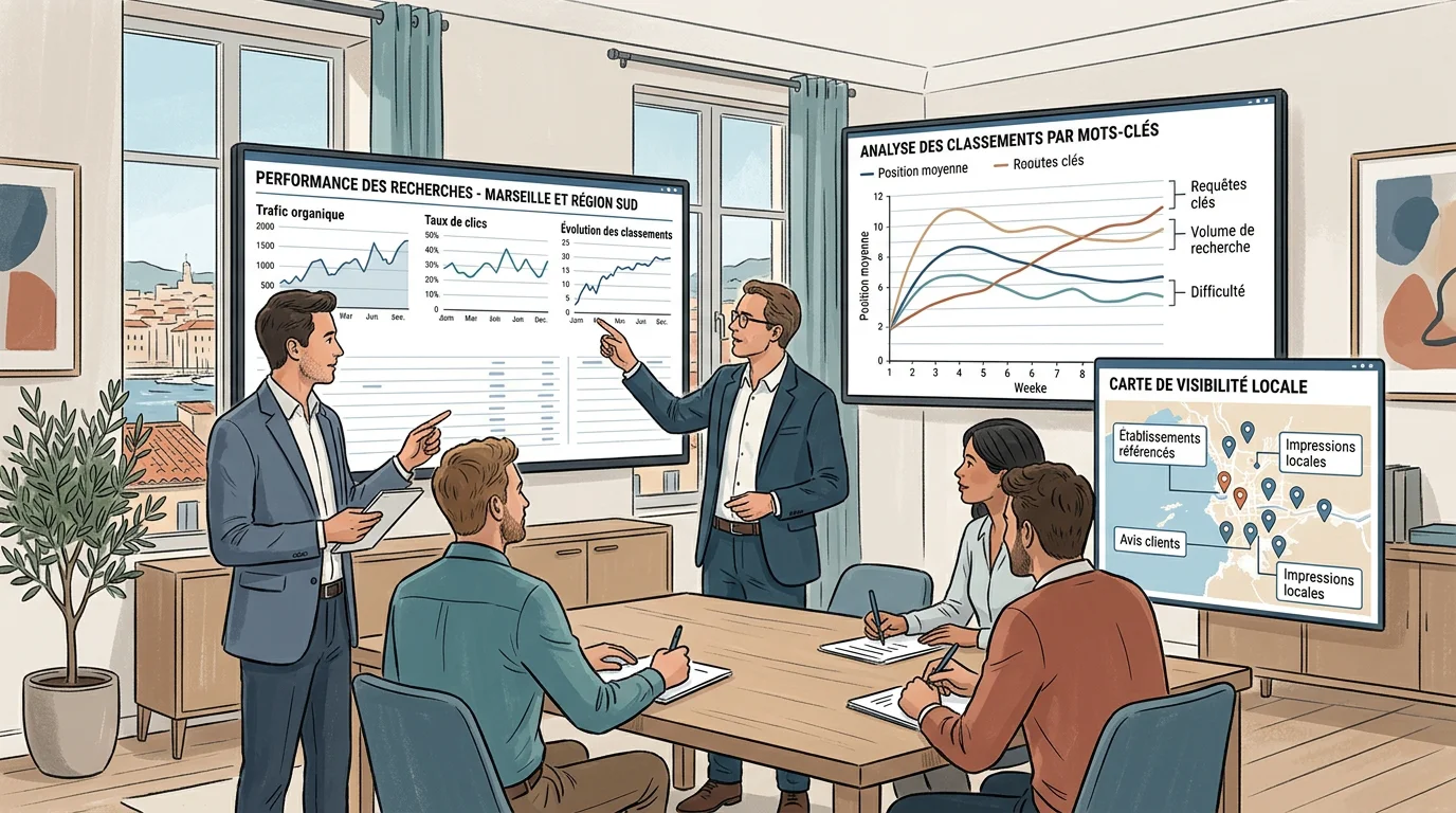 Équipe marketing analysant les performances SEO et SEA dans un bureau à Marseille