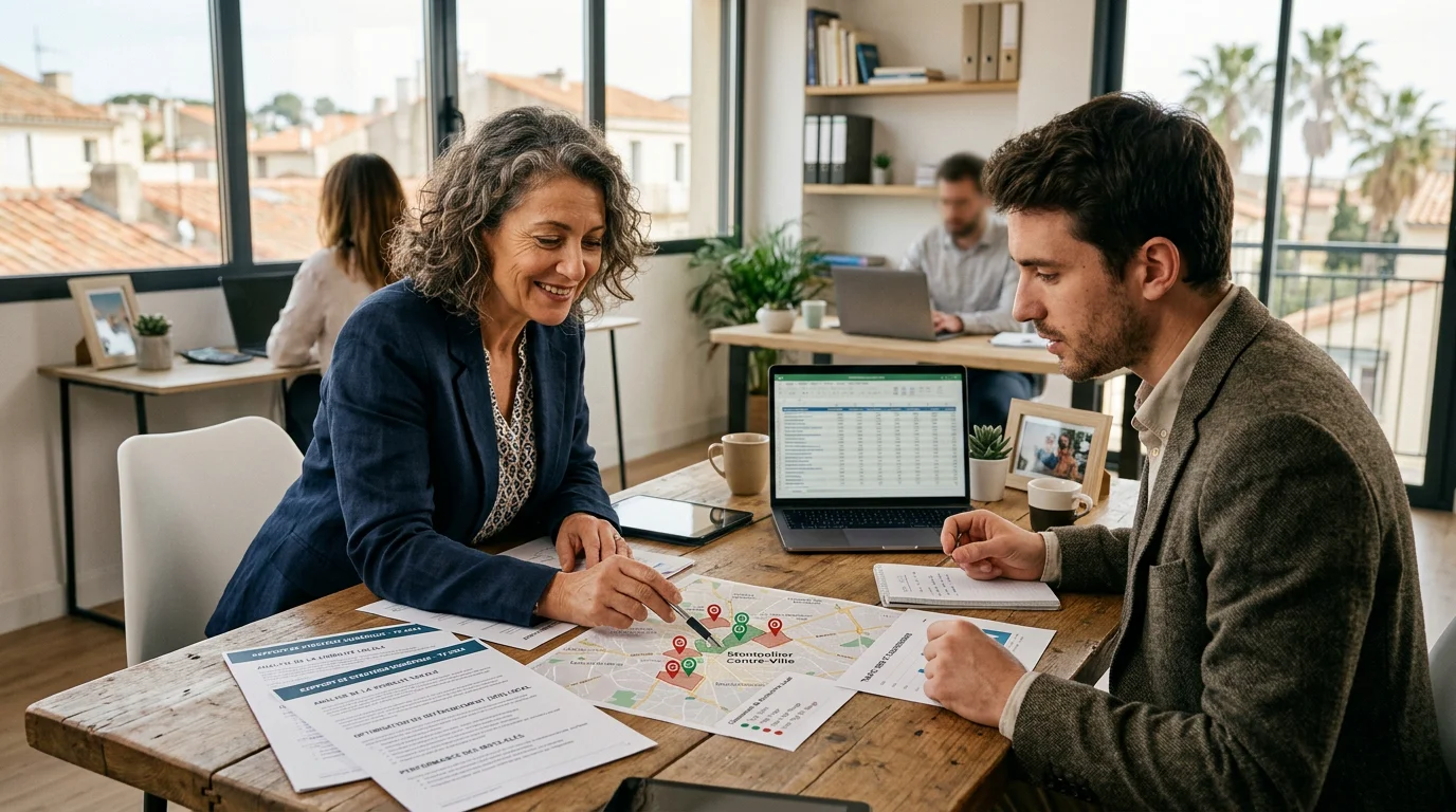 Dirigeant d'entreprise et conseiller examinant une stratégie de référencement local