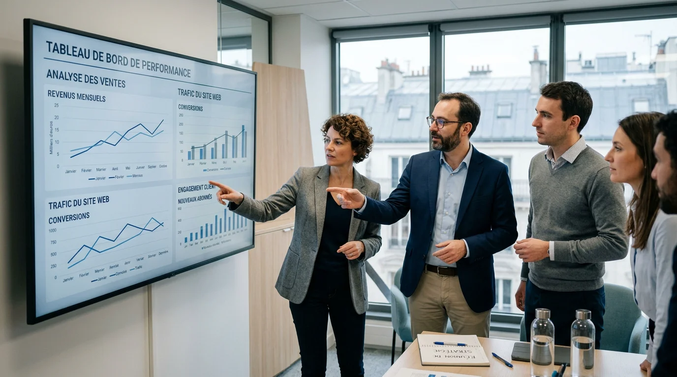 Équipe européenne analysant des tableaux de bord de performance digitale dans un bureau lumineux