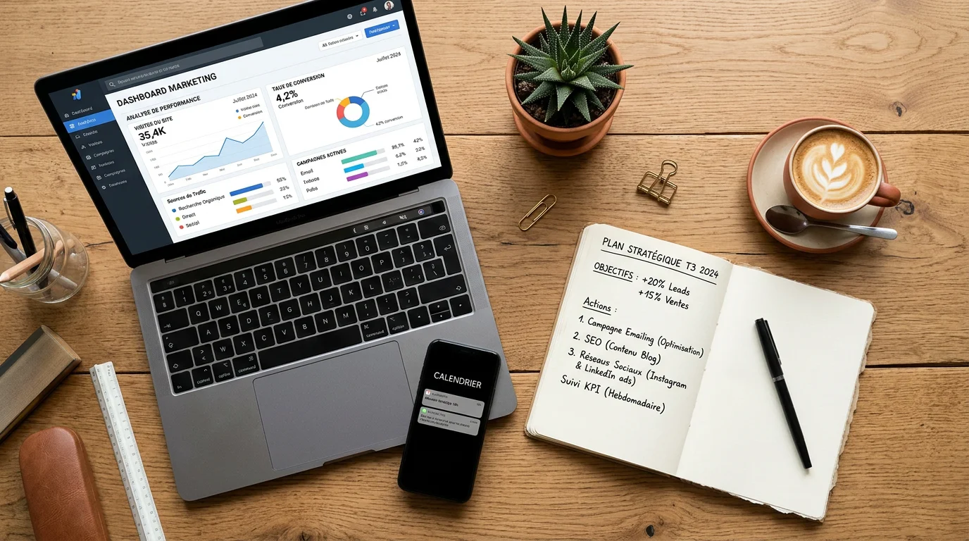 Espace de travail vu du dessus avec ordinateur portable affichant des statistiques marketing