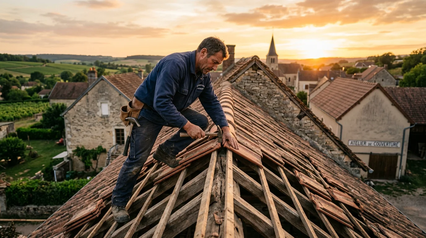 Charpentier couvreur européen travaillant sur une toiture en tuiles