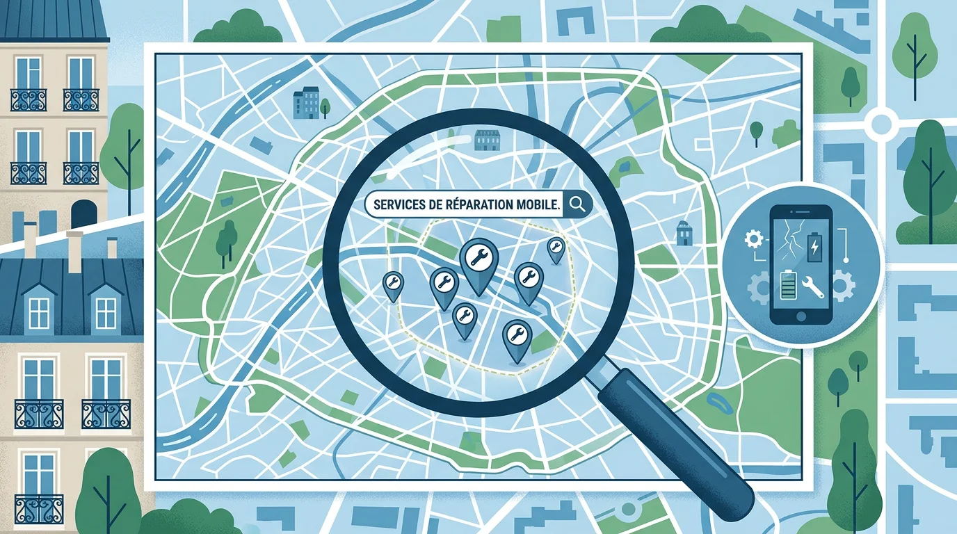 Illustration du référencement local avec repères de localisation pour un service de réparation d'iPhone