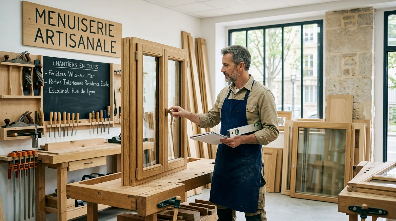 Menuisier européen inspectant des menuiseries bois dans son atelier
