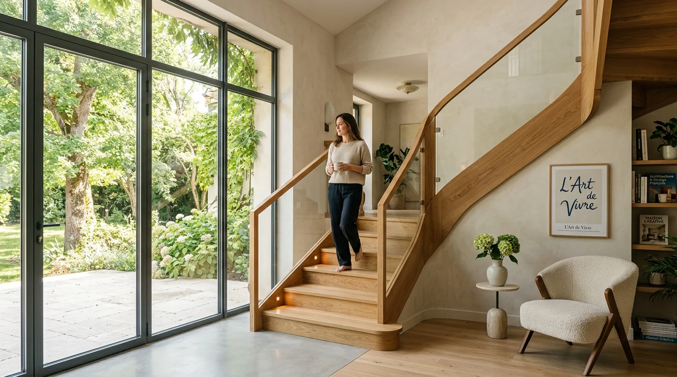 Escalier bois sur mesure et grande fenêtre aluminium dans un intérieur lumineux