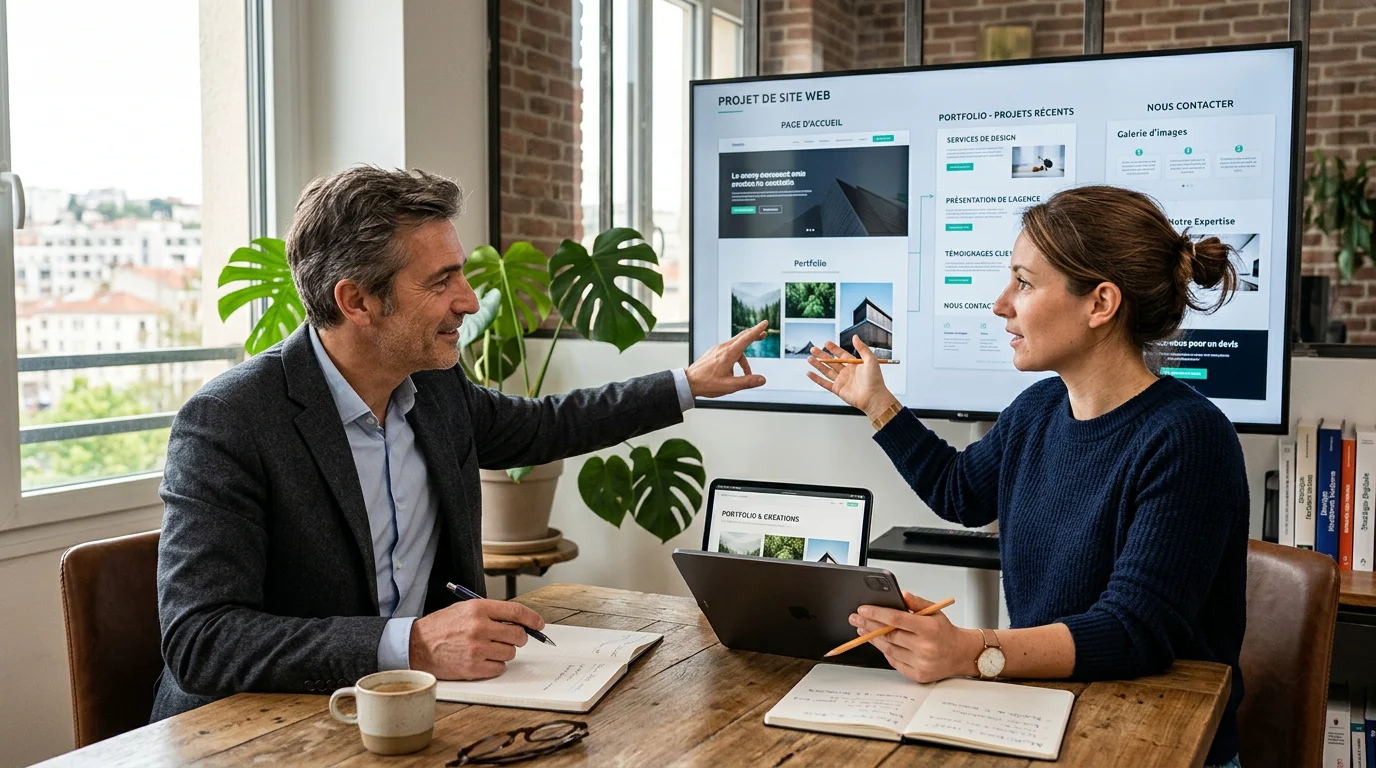 Designer européen présentant des réalisations de sites web à un client