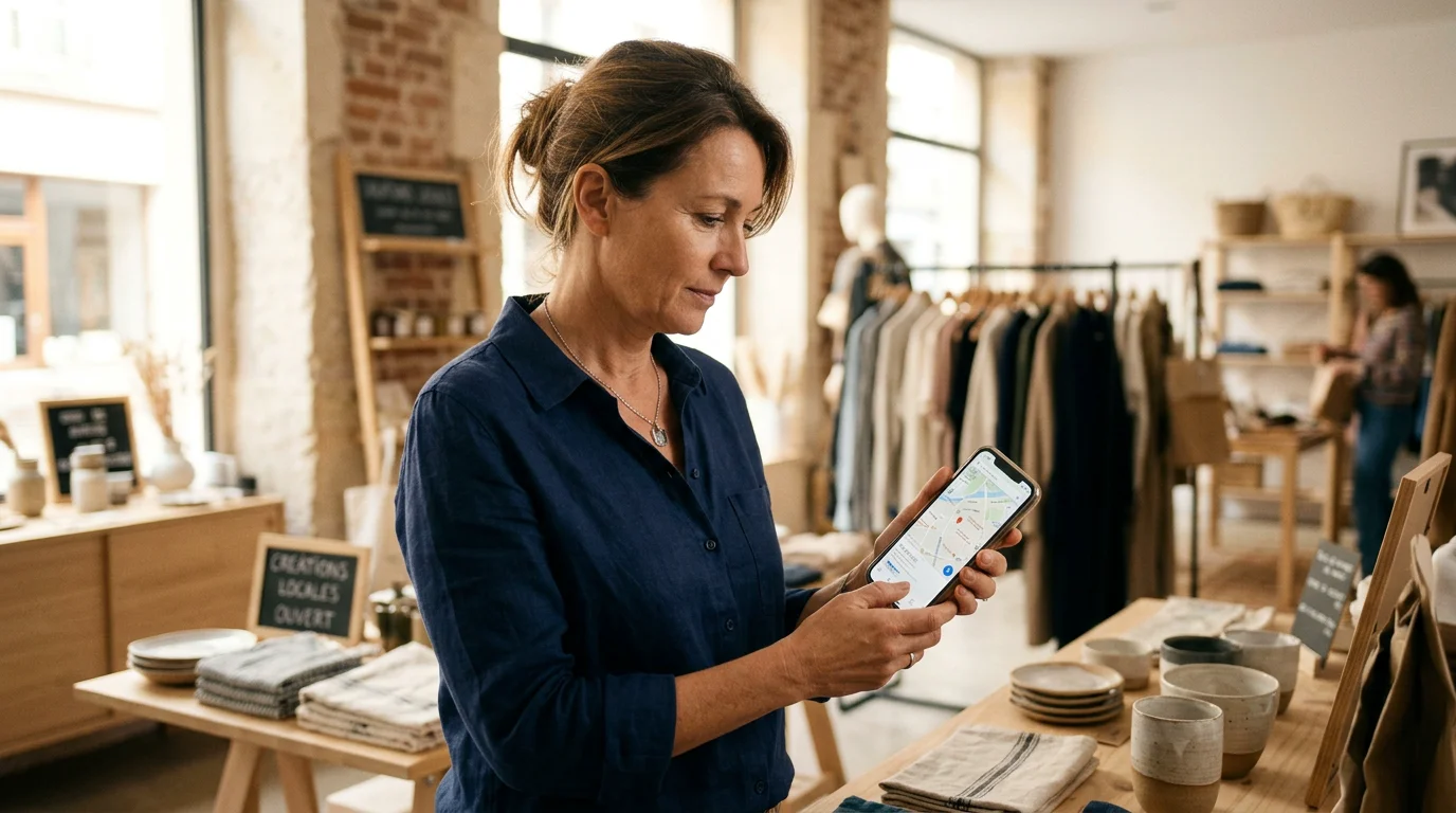 Commerçant européen consultant une carte sur smartphone dans sa boutique