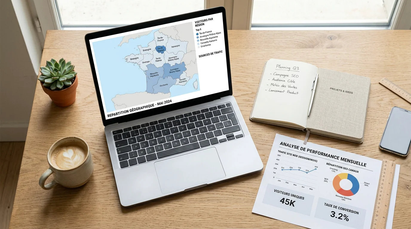 Espace de travail d'une équipe marketing avec ordinateur et graphiques d'analyse