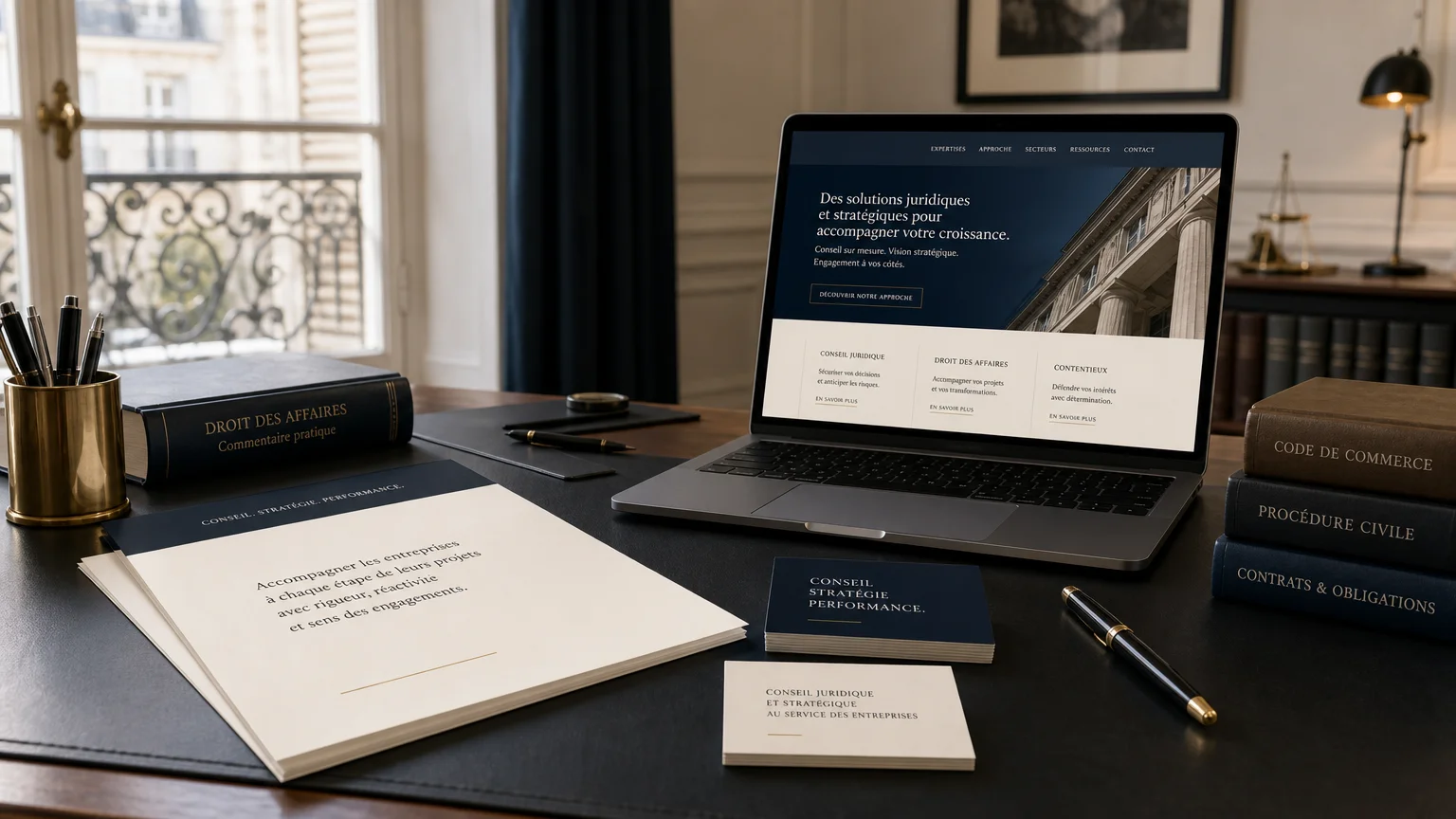 Supports de communication cohérents d'un cabinet d'avocats posés sur un bureau
