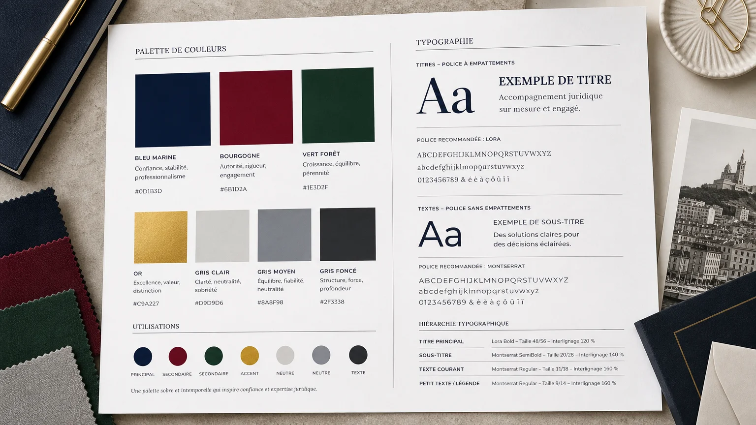 Planche de palette de couleurs et de typographies pour un cabinet d'avocats