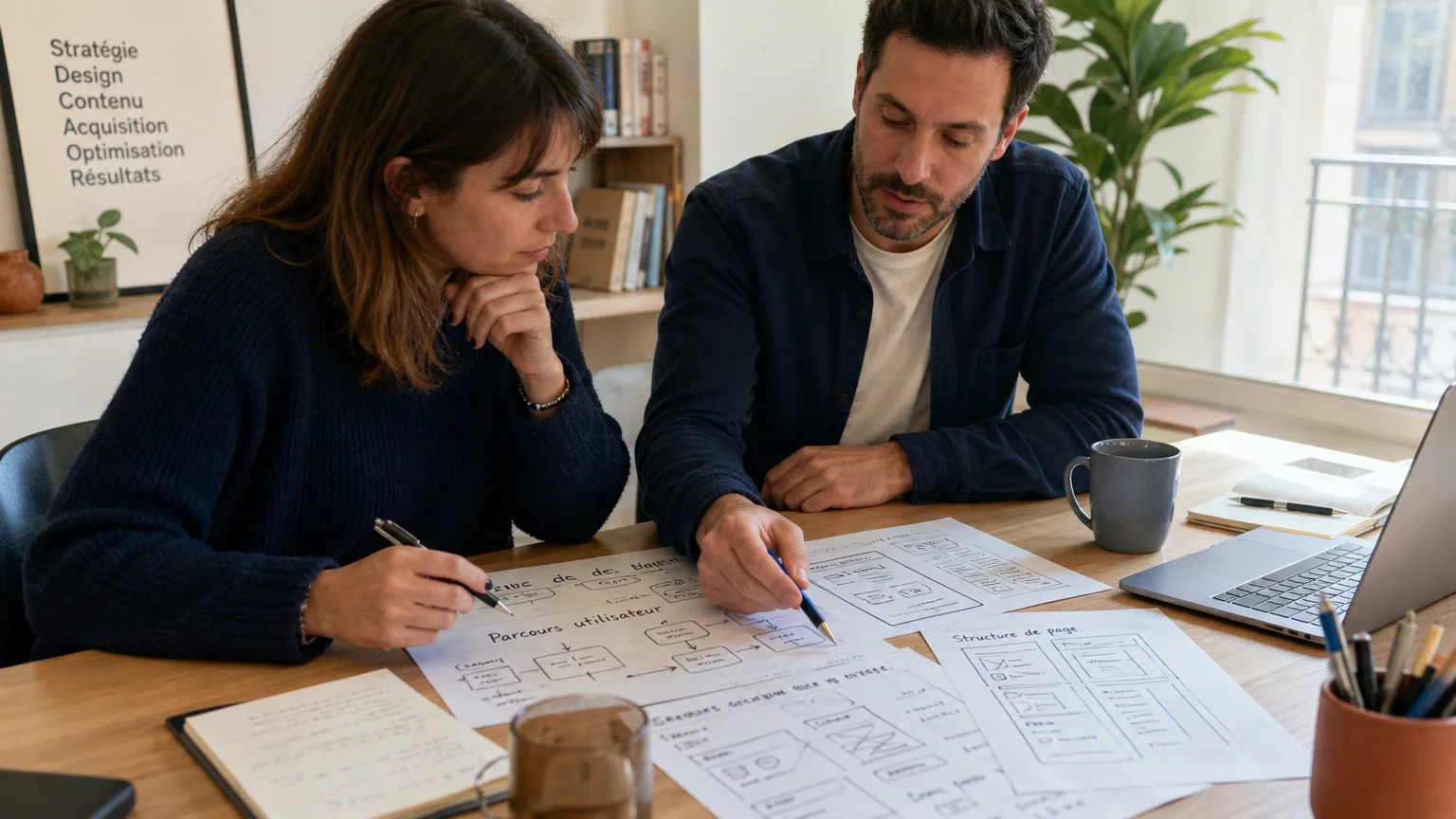Réunion de travail autour de la stratégie et du design d’un site web