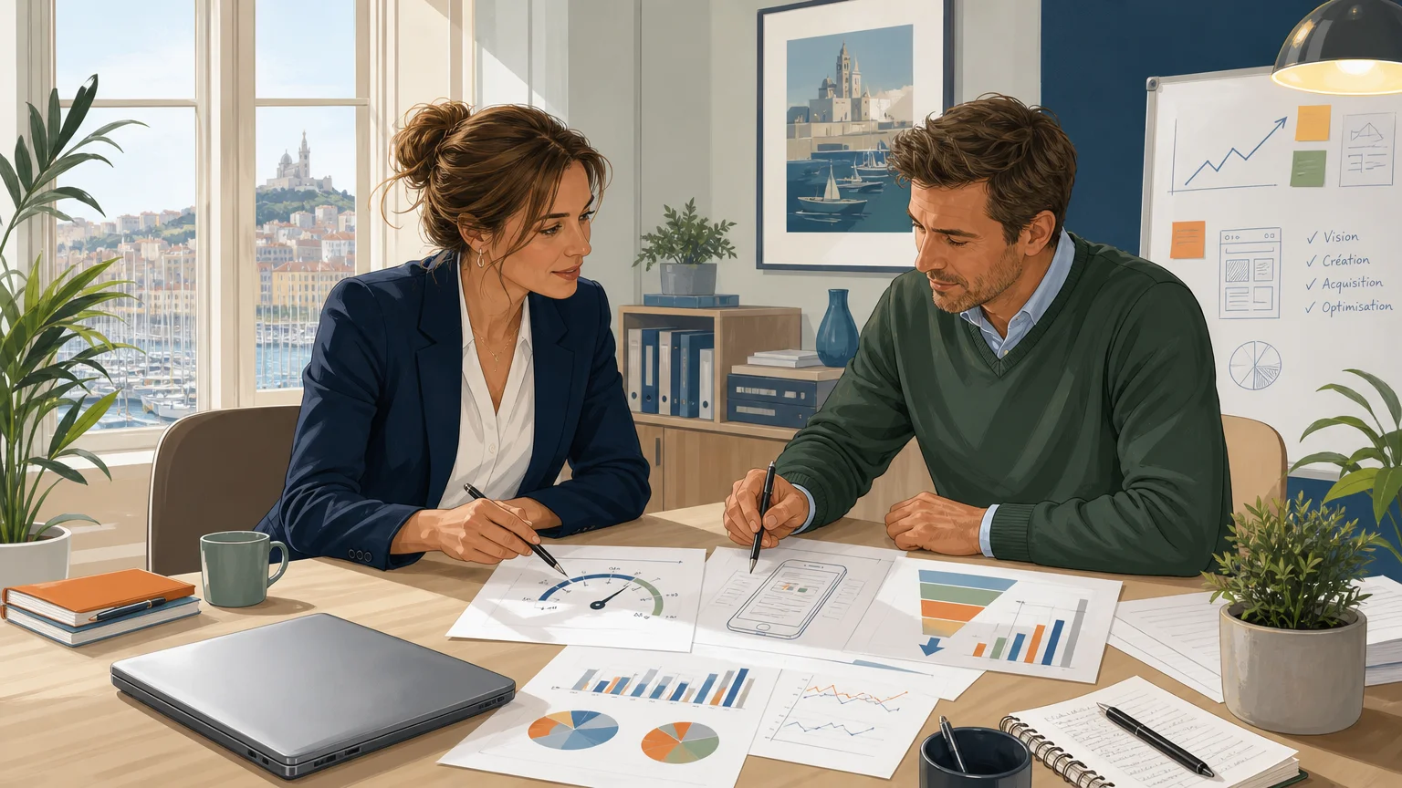 Consultants analysant les performances techniques et commerciales d’un site