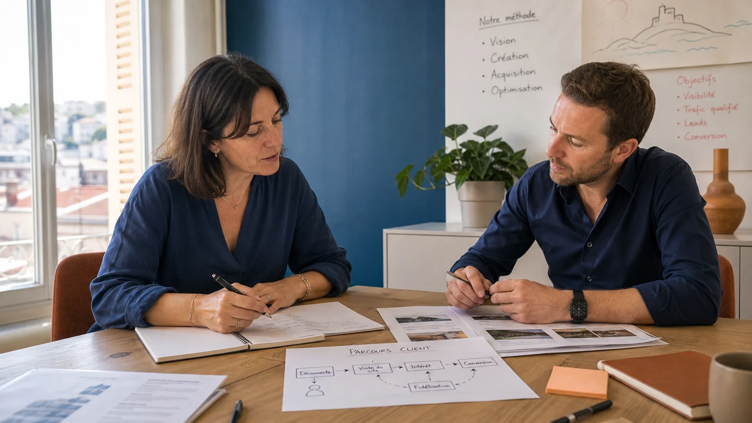 Échange entre une dirigeante et un consultant autour d’une stratégie digitale