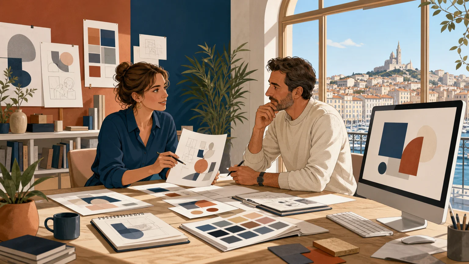 Échange entre une graphiste et un dirigeant autour de croquis graphiques à Marseille