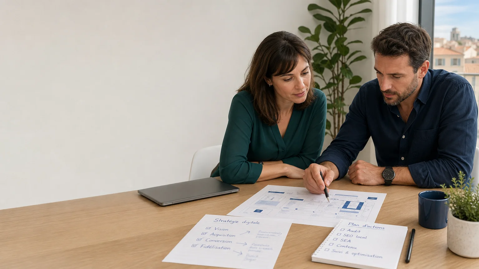 Deux professionnels analysent une stratégie de site web et d’acquisition