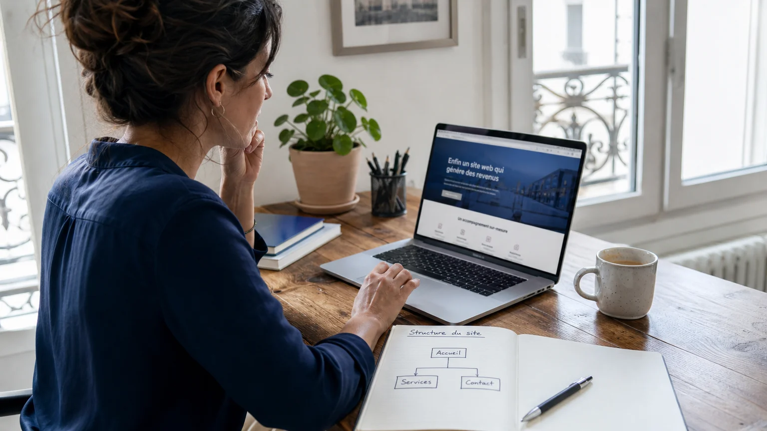Entrepreneuse européenne préparant la structure de son site internet dans un bureau