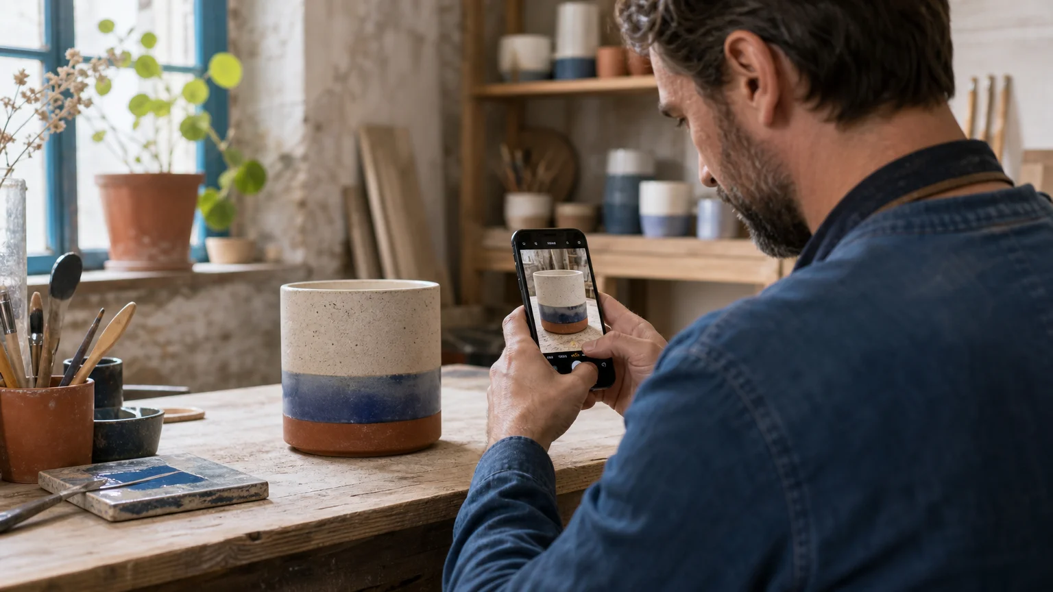 Un artisan photographie une réalisation pour la présenter sur son site