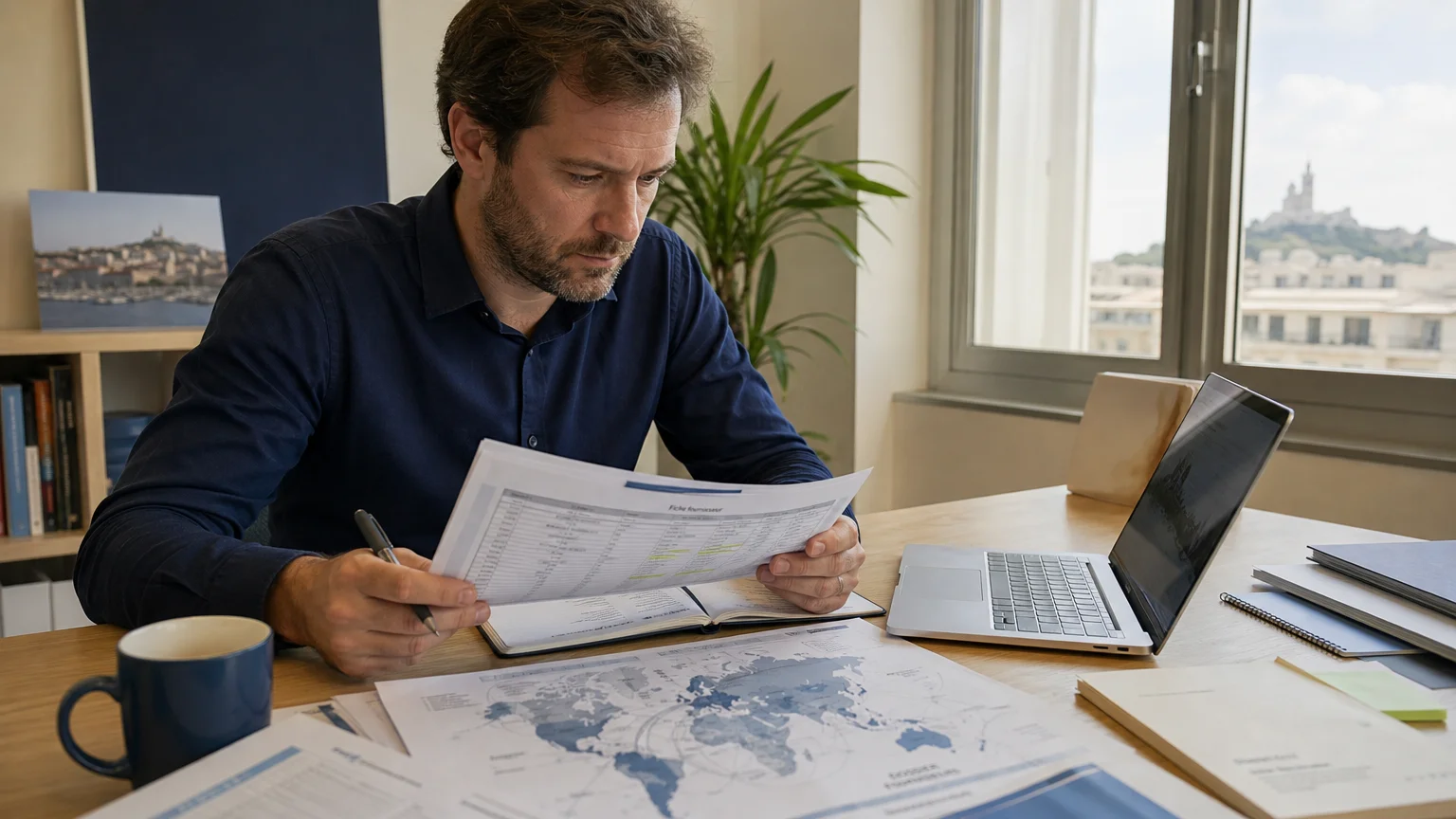 Consultant européen préparant le site d’un expert du négoce international à Marseille