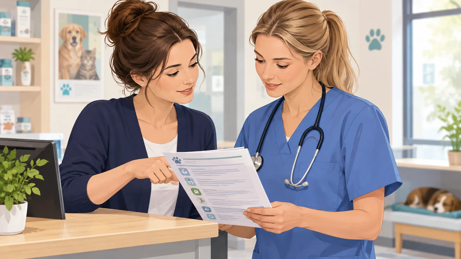 Une équipe vétérinaire prépare les informations à présenter sur le site de la clinique