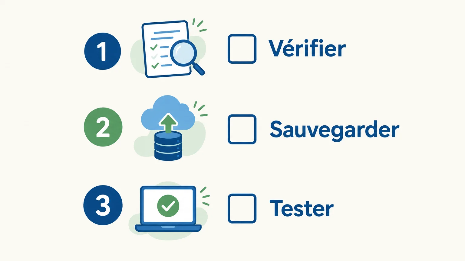 Checklist de maintenance avec trois actions : vérifier, sauvegarder et tester